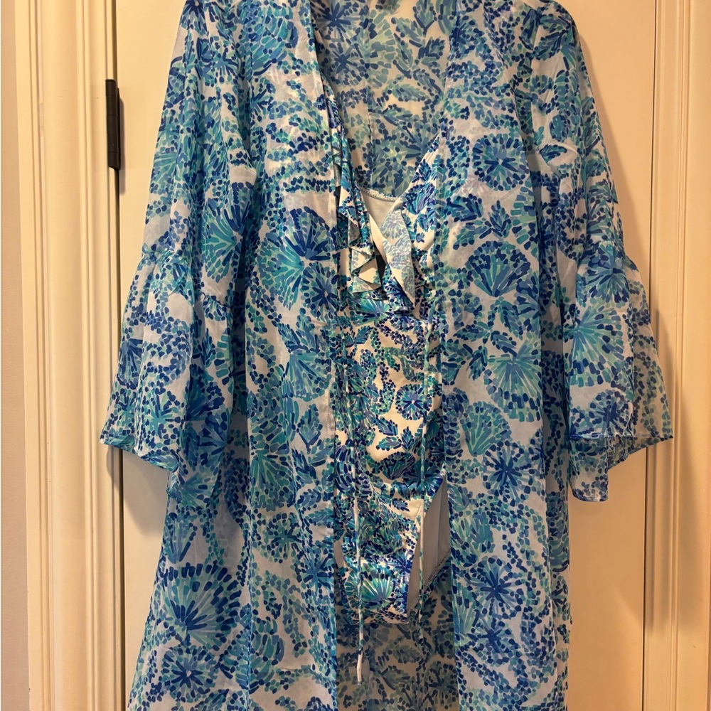 Lilly Pulitzer Blue & Teal Floral One-Piece and Cover-Up. “Shell Me You Love Me”